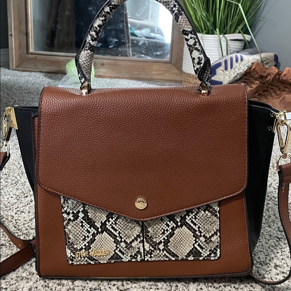 Steve Madden Brown and Snake Pattern Satchel - Picture 1 of 7